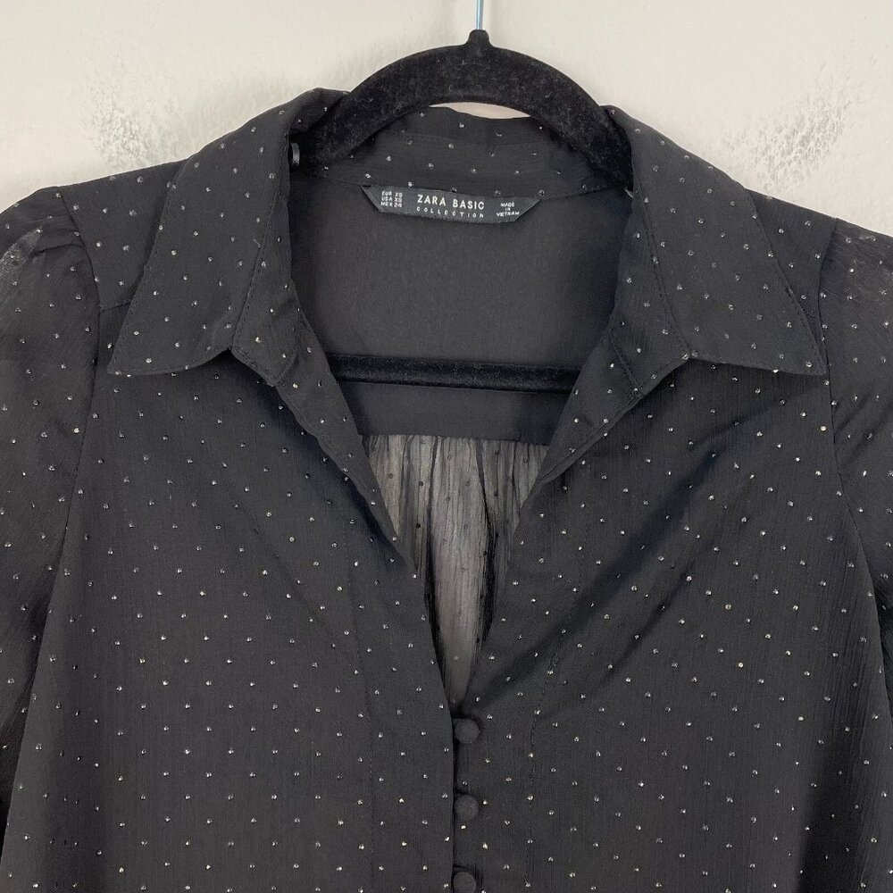 Zara Womens XS‎ Black Sheer Button Up Blouse Long Sleeve Shirt Top - Picture 9 of 16